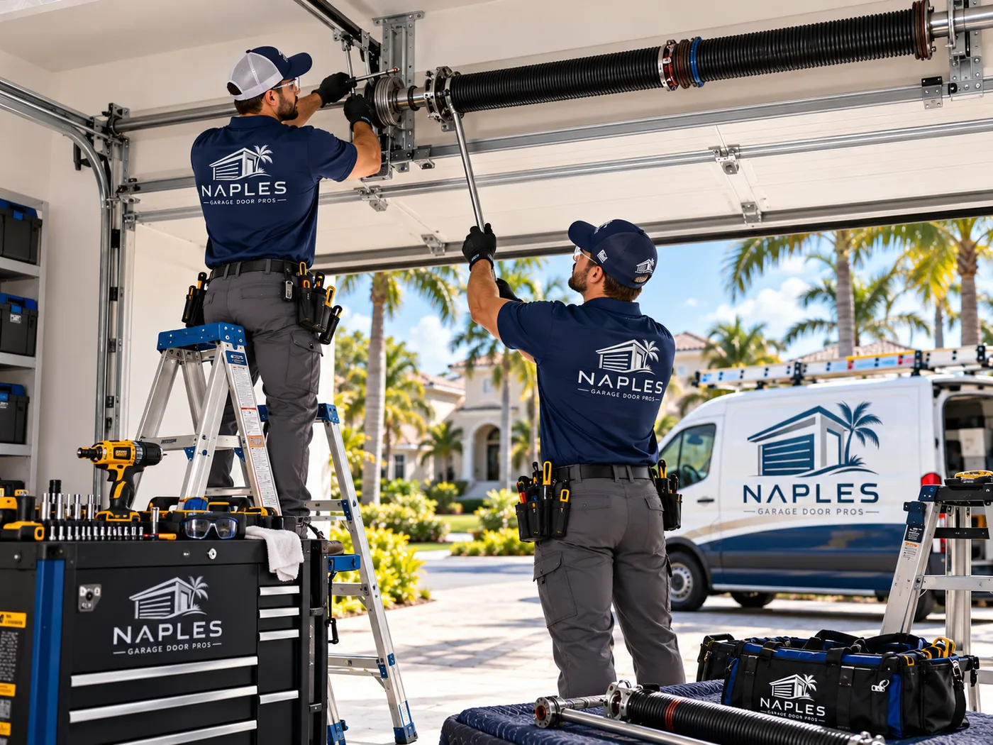 Two technicians replacing a torsion spring with winding bars, the new spring laid out on a blanket beside the van