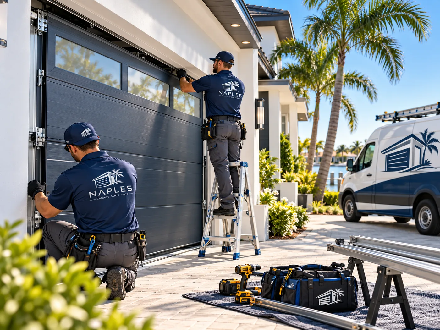 Two technicians install a new garage door with a band of windows across the top, one kneeling and one up a ladder, their tools laid out on a blanket and a canal with boat docks behind the house