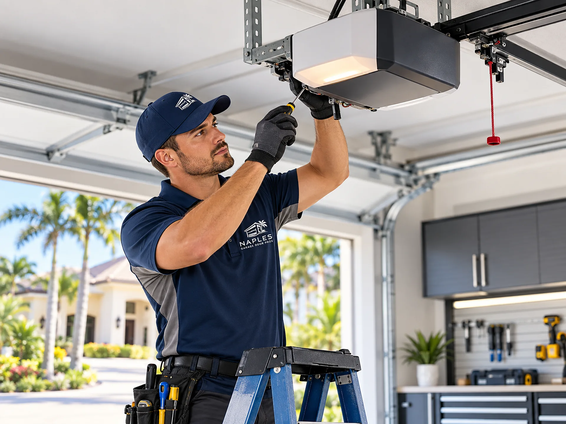 A technician on a blue ladder with a screwdriver at a ceiling-mounted opener, in a tidy garage with cabinets