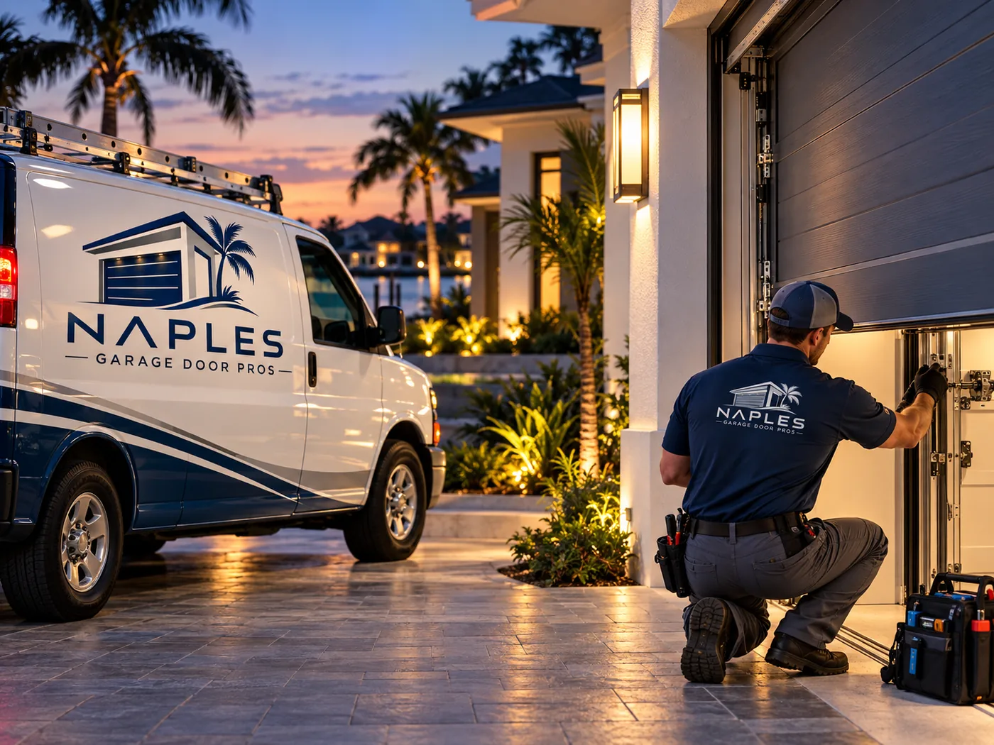 At sunset, a technician kneeling at a half-open garage door lit from inside, a work van beside him and water behind the houses