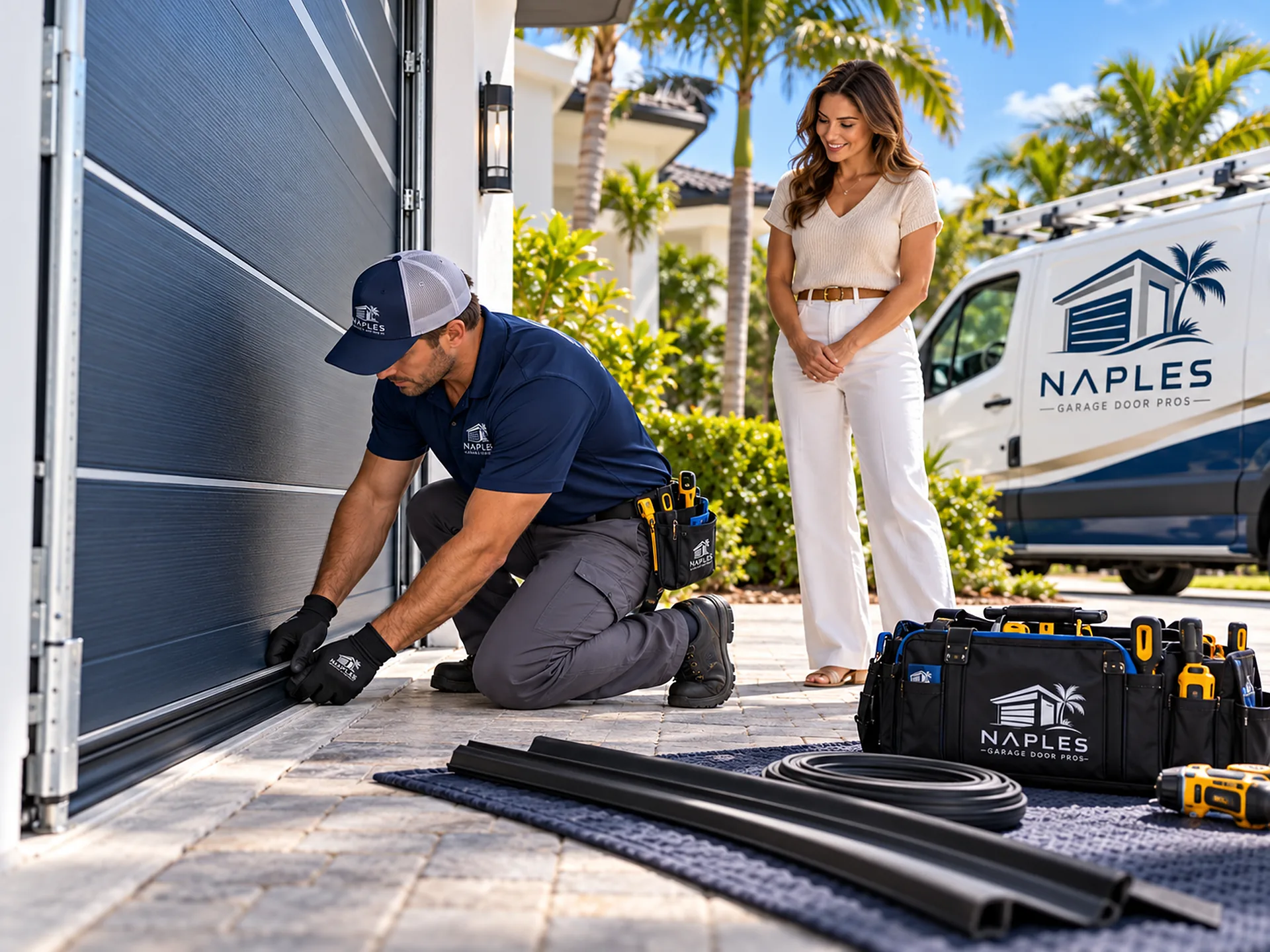 A technician fits a new rubber seal along the bottom of a garage door, with rolls of seal on a blanket, while the homeowner watches and the company van sits in the driveway