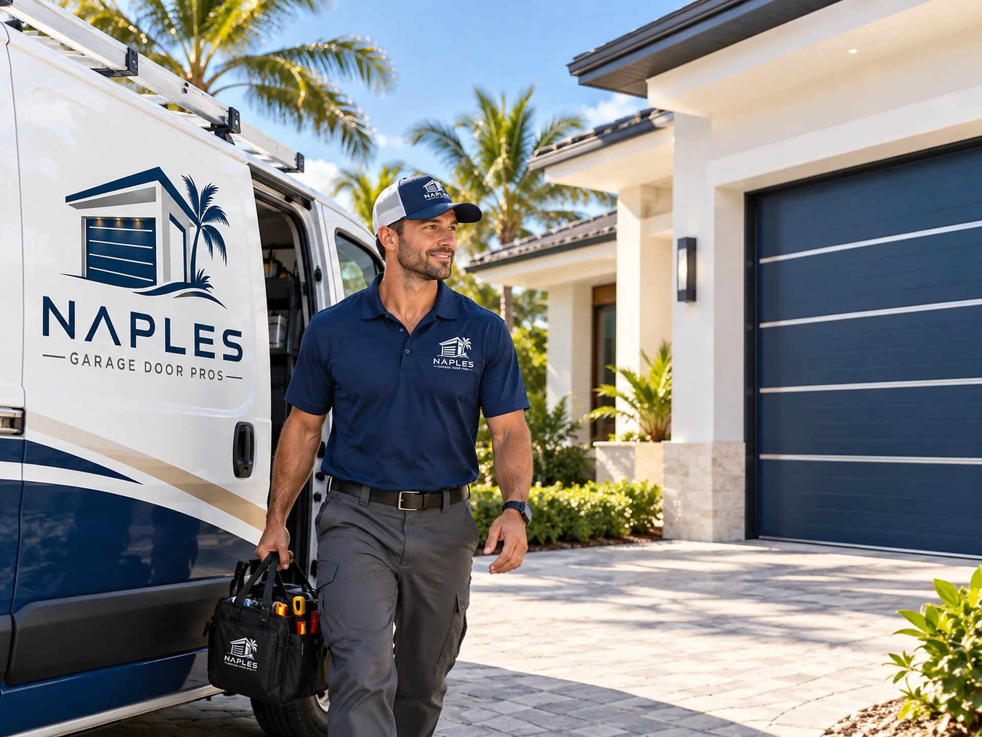 A technician carrying a case, walking from a work van toward a house with a navy garage door