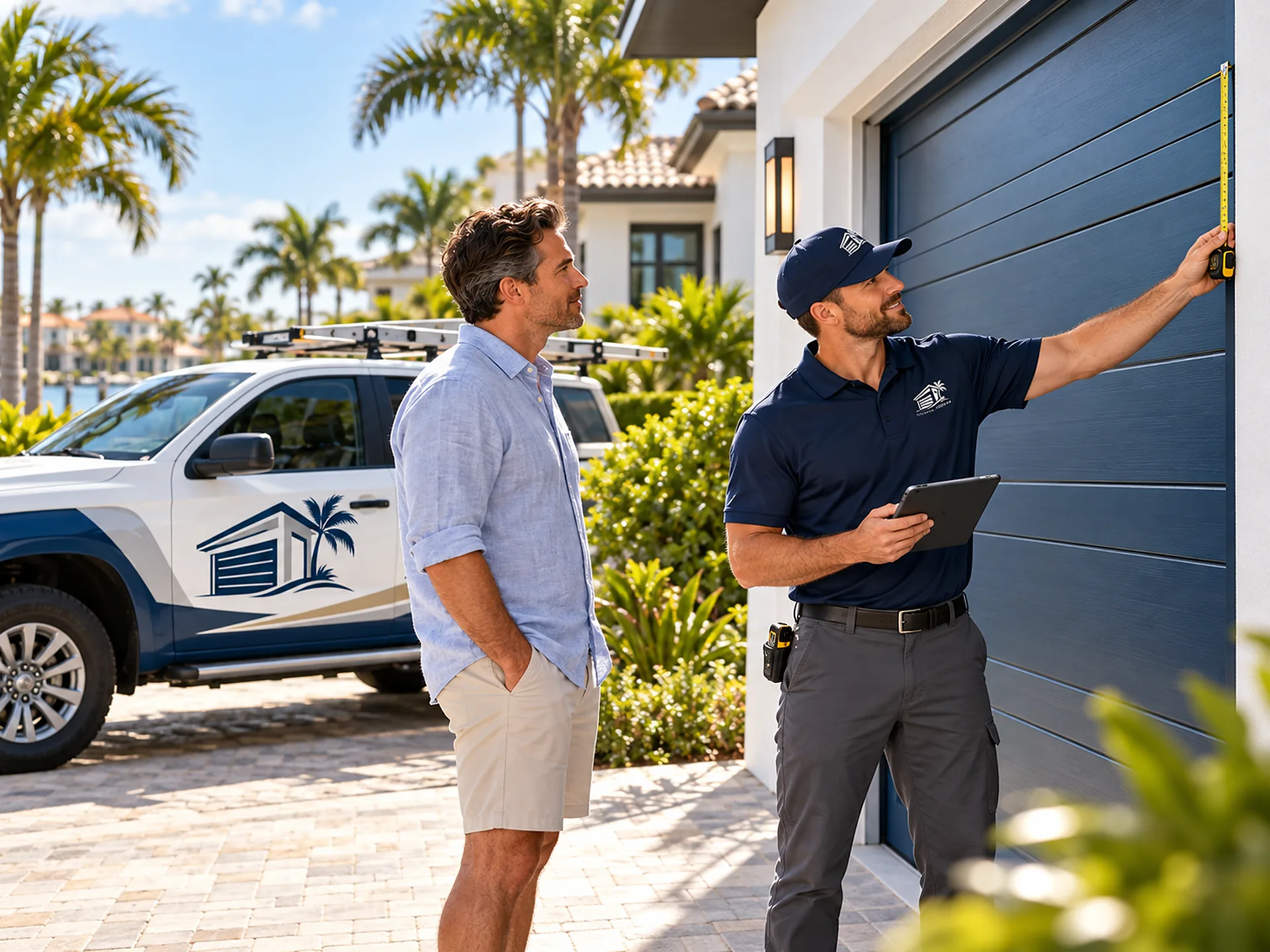 A technician measuring a garage door's height with a tape, a tablet in his other hand, while the homeowner watches, a canal behind them