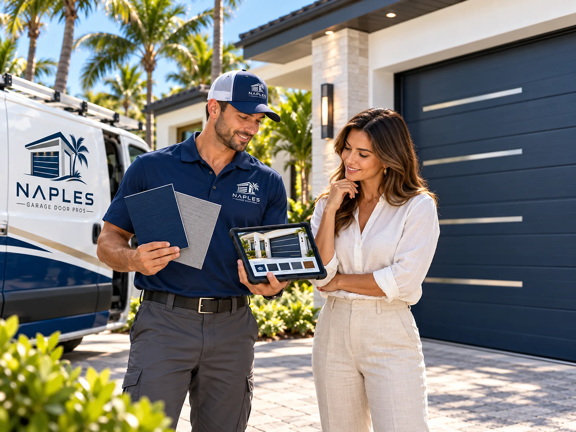 A technician shows a homeowner color samples and a garage door preview on a tablet, beside a blue garage door and a van lettered with the Naples Garage Door Pros logo