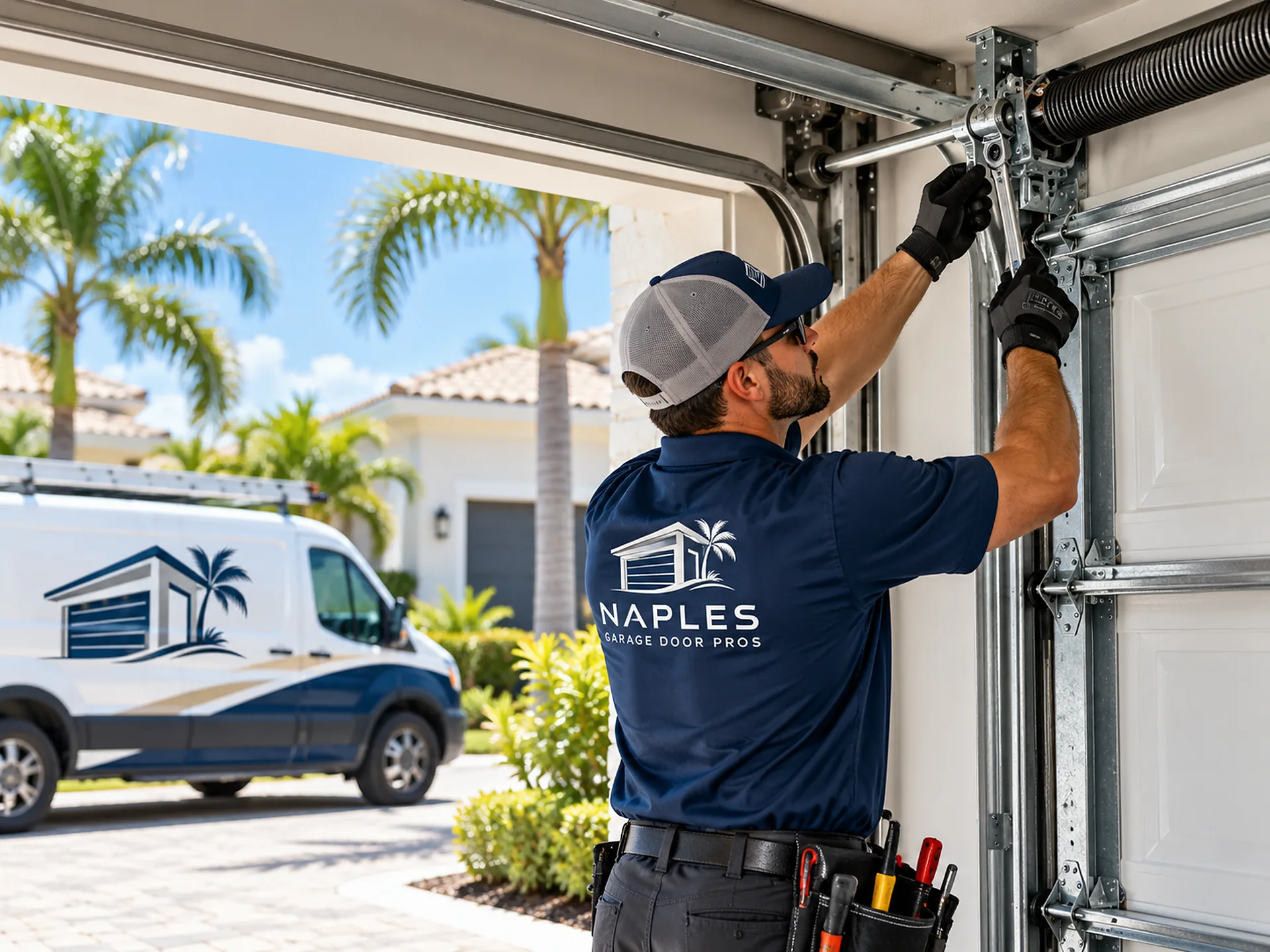 A technician, seen from behind, working on the torsion spring above an open garage door, with a work van and palm trees outside
