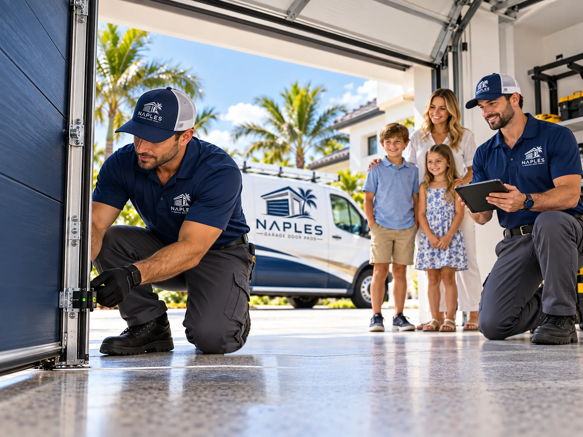 A technician kneels at the foot of the garage door track checking a safety sensor with its green light on, while a second technician with a tablet and a family look on from inside the garage