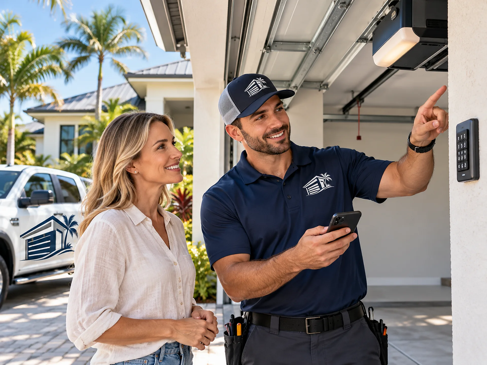 A technician pointing to the wall keypad and the opener as he explains them to a homeowner